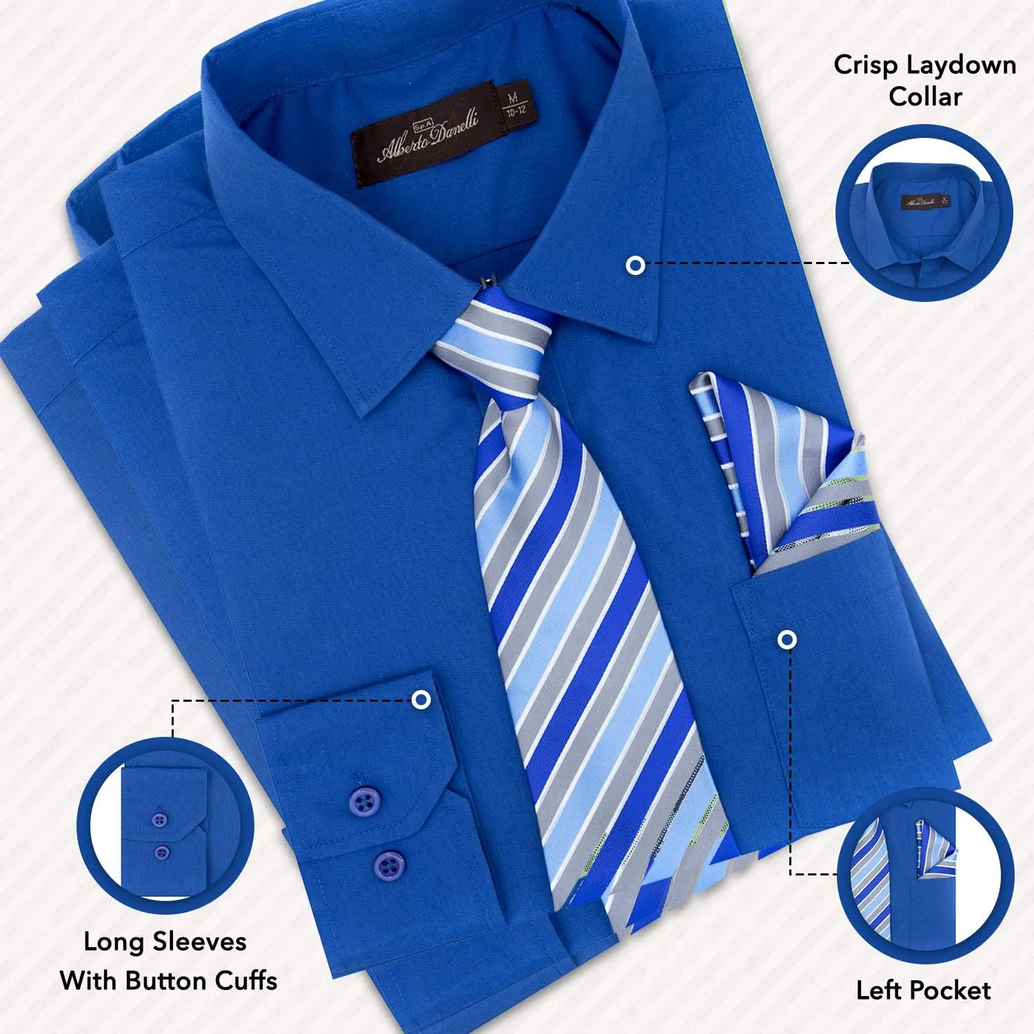 Alberto Danelli Boys Dress Shirt with Matching Tie and Handkerchief, Long Sleeve Button Down, Pocket