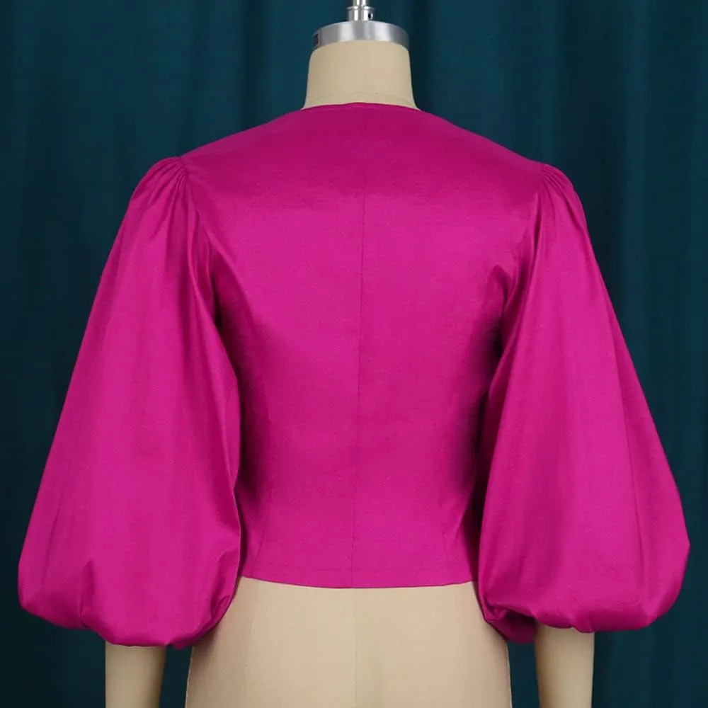 AOMEI Women's V Neck Top Button Down Big Lantern Sleeve Blouse