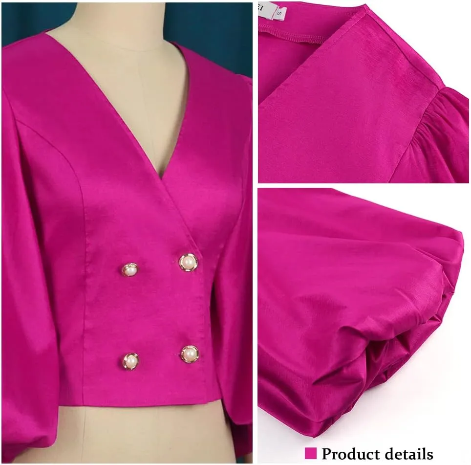 AOMEI Women's V Neck Top Button Down Big Lantern Sleeve Blouse