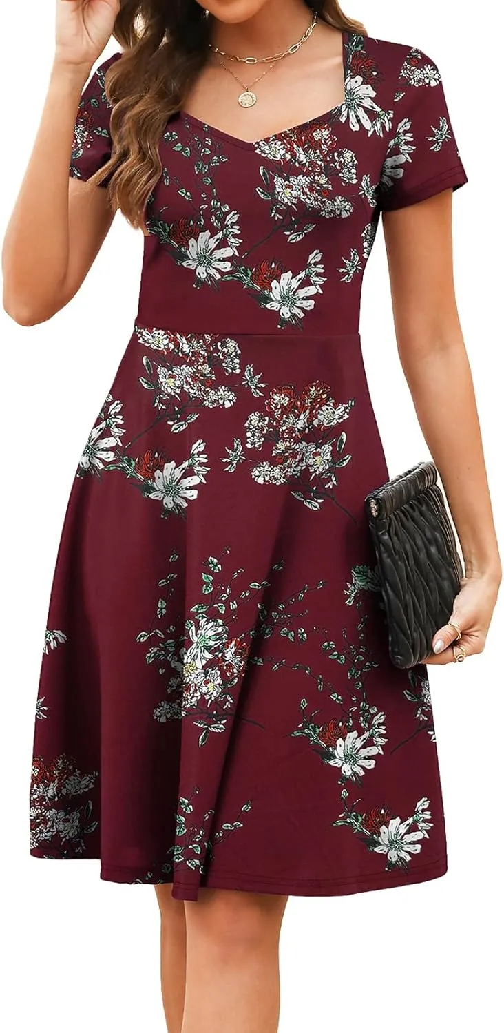 BARASA Women's Wear to Work Dresses Elegant Sweetheart Neck Short Sleeve Party A-Line Knee Length Dress D163