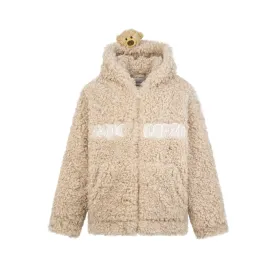 Bear Fuzzy Hoodie Coat in Khaki
