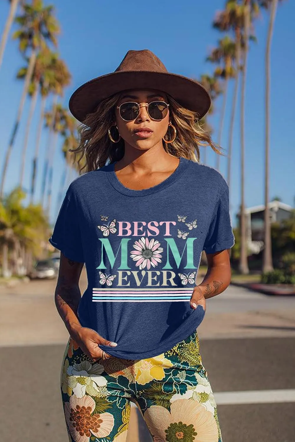 Best Mom Ever Shirts for Women Funny Cute Floral Butterfly Graphic Print Tee Summer Casual Short Sleeve Tops