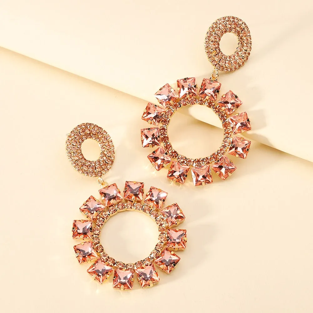 Bohemian Fashion Colorful Crystal Round Big Dangle Earrings For Women