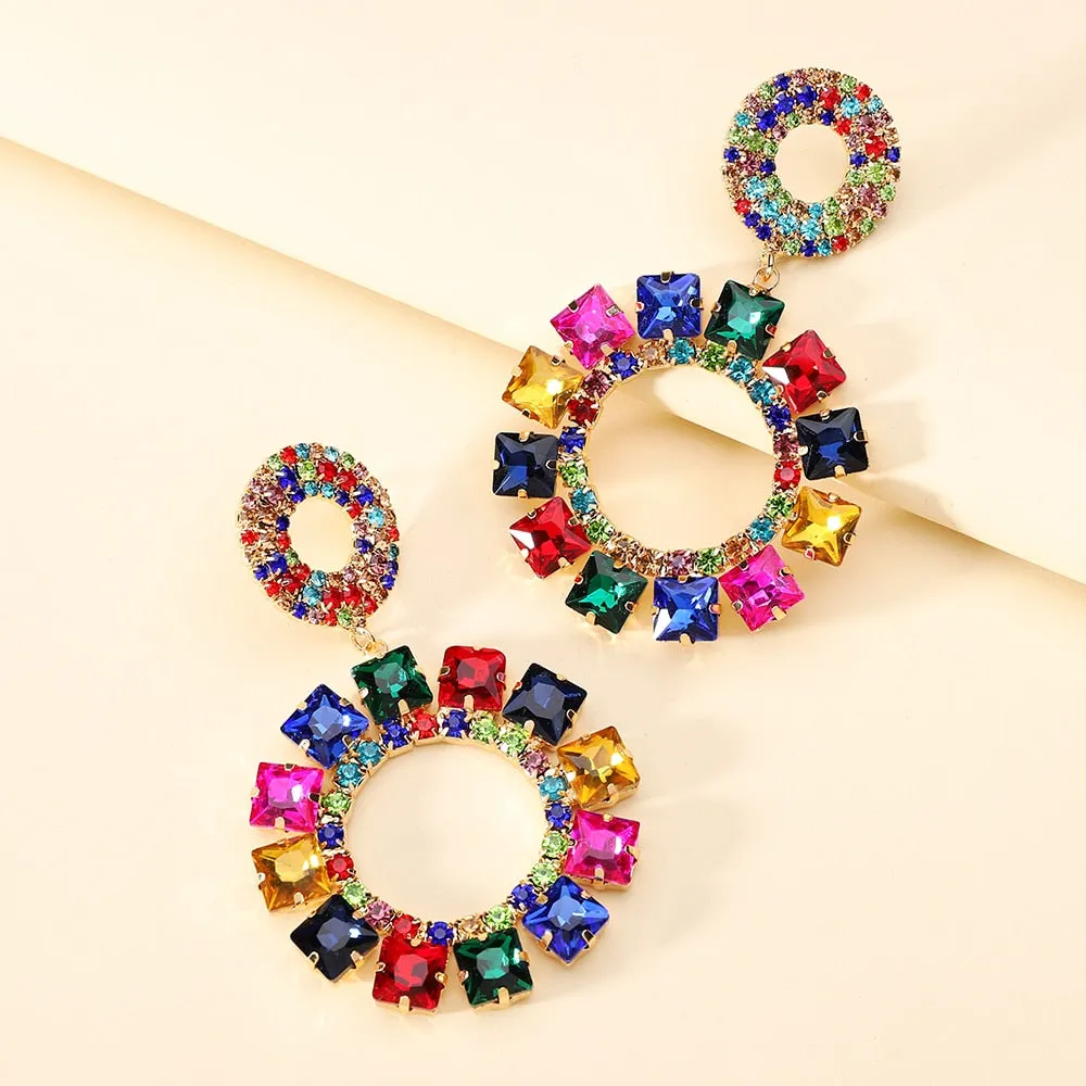 Bohemian Fashion Colorful Crystal Round Big Dangle Earrings For Women