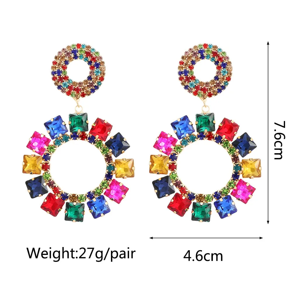 Bohemian Fashion Colorful Crystal Round Big Dangle Earrings For Women
