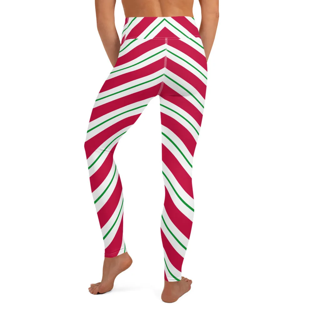 Candy Cane Leggings Women, High Waisted Yoga Red White Green Striped Christmas Graphic Printed Ladies Wear Holiday Xmas Pants
