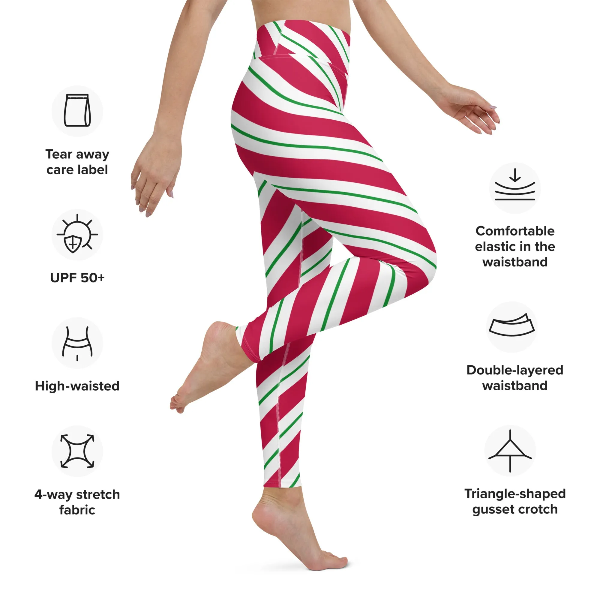 Candy Cane Leggings Women, High Waisted Yoga Red White Green Striped Christmas Graphic Printed Ladies Wear Holiday Xmas Pants