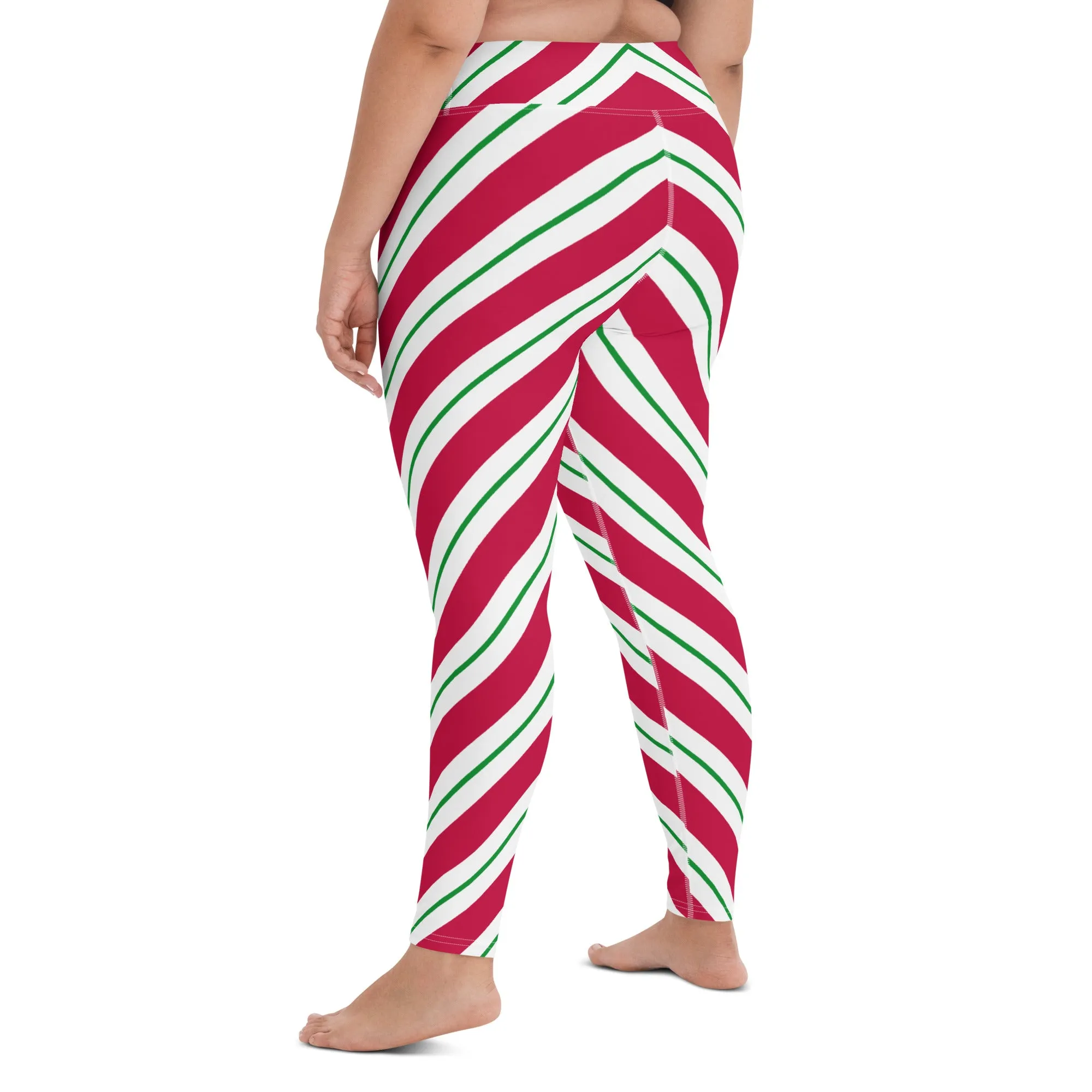 Candy Cane Leggings Women, High Waisted Yoga Red White Green Striped Christmas Graphic Printed Ladies Wear Holiday Xmas Pants