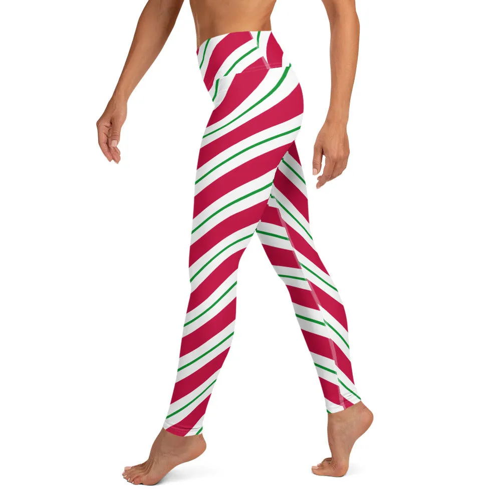 Candy Cane Leggings Women, High Waisted Yoga Red White Green Striped Christmas Graphic Printed Ladies Wear Holiday Xmas Pants