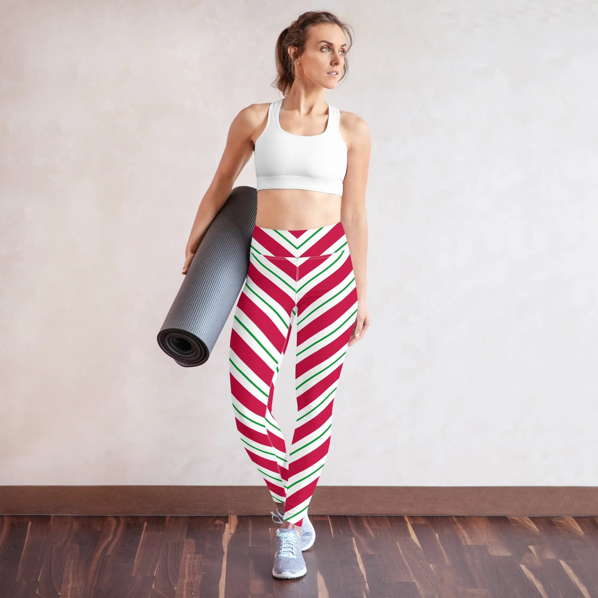 Candy Cane Leggings Women, High Waisted Yoga Red White Green Striped Christmas Graphic Printed Ladies Wear Holiday Xmas Pants
