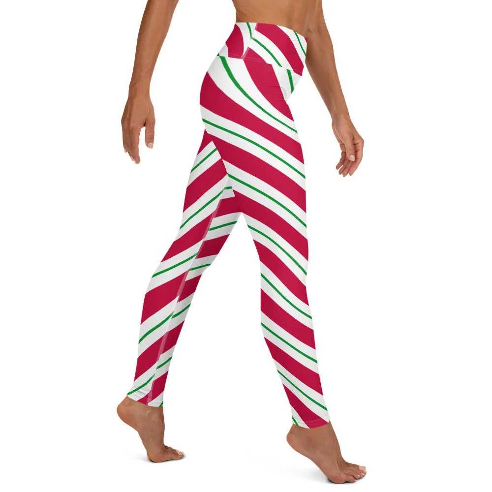 Candy Cane Leggings Women, High Waisted Yoga Red White Green Striped Christmas Graphic Printed Ladies Wear Holiday Xmas Pants