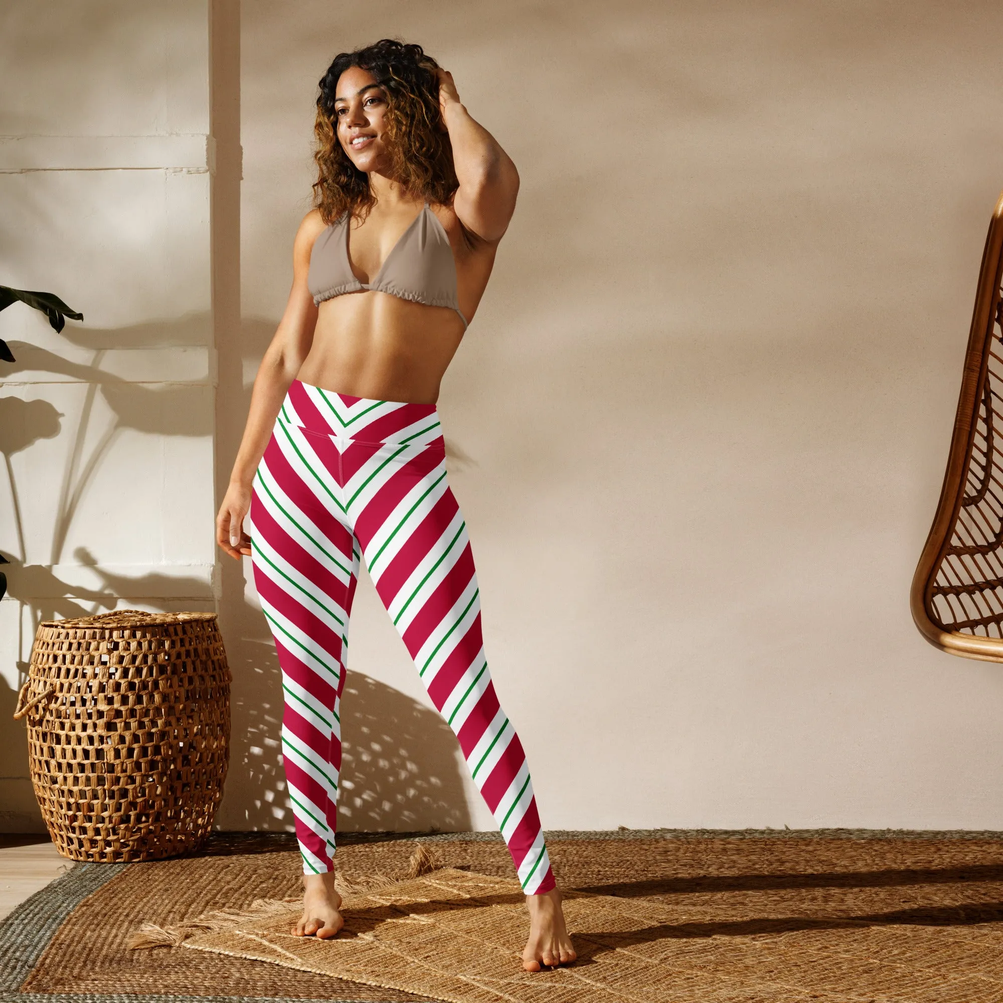 Candy Cane Leggings Women, High Waisted Yoga Red White Green Striped Christmas Graphic Printed Ladies Wear Holiday Xmas Pants