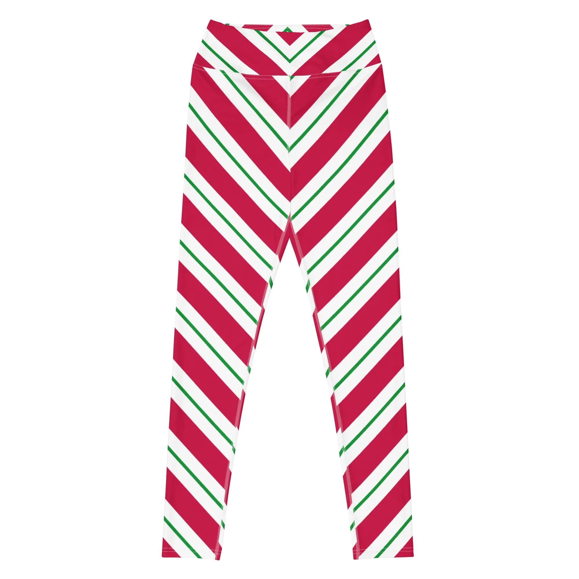 Candy Cane Leggings Women, High Waisted Yoga Red White Green Striped Christmas Graphic Printed Ladies Wear Holiday Xmas Pants