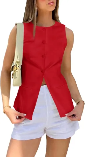 Cicy Bell Womens Round Neck Waistcoat Vest Summer Button up Vest Tops Casual Business Fitted Sleeveless Blazer