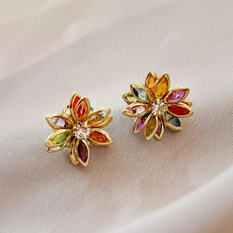 Colorful Crystal Flower Petal Earrings