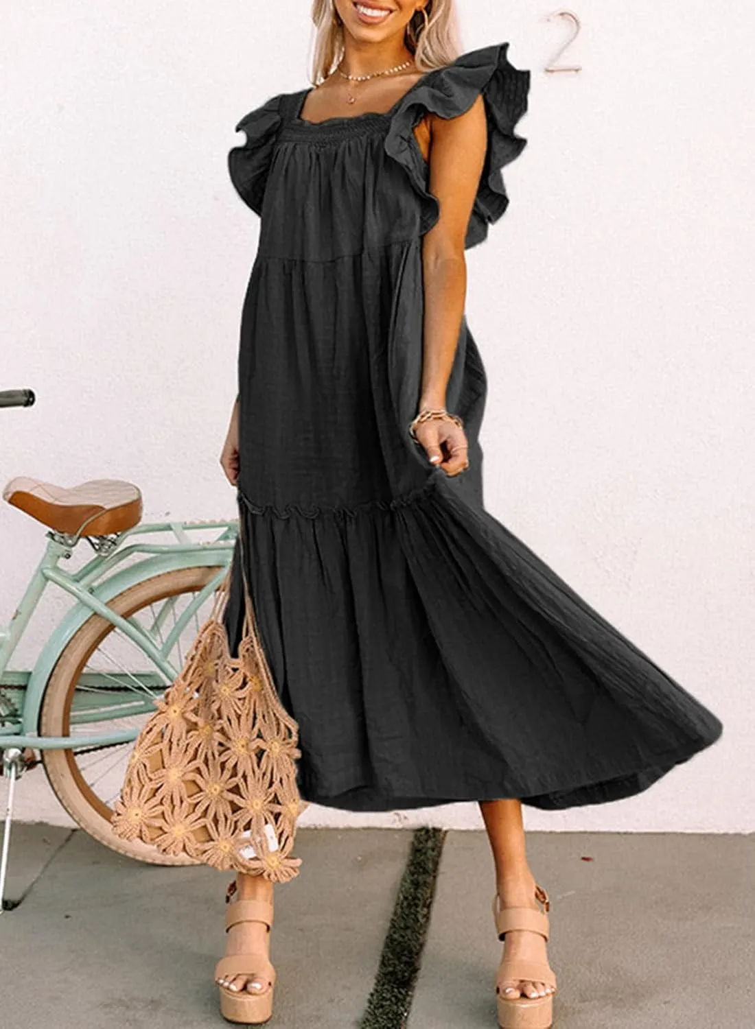 Dokotoo Women's 2025 Spring Summer Square Collar Dress Off Shoulder Style Elegant Ruffle Hemline Skirt Mini Dresses S-XL