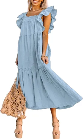 Dokotoo Women's 2025 Spring Summer Square Collar Dress Off Shoulder Style Elegant Ruffle Hemline Skirt Mini Dresses S-XL