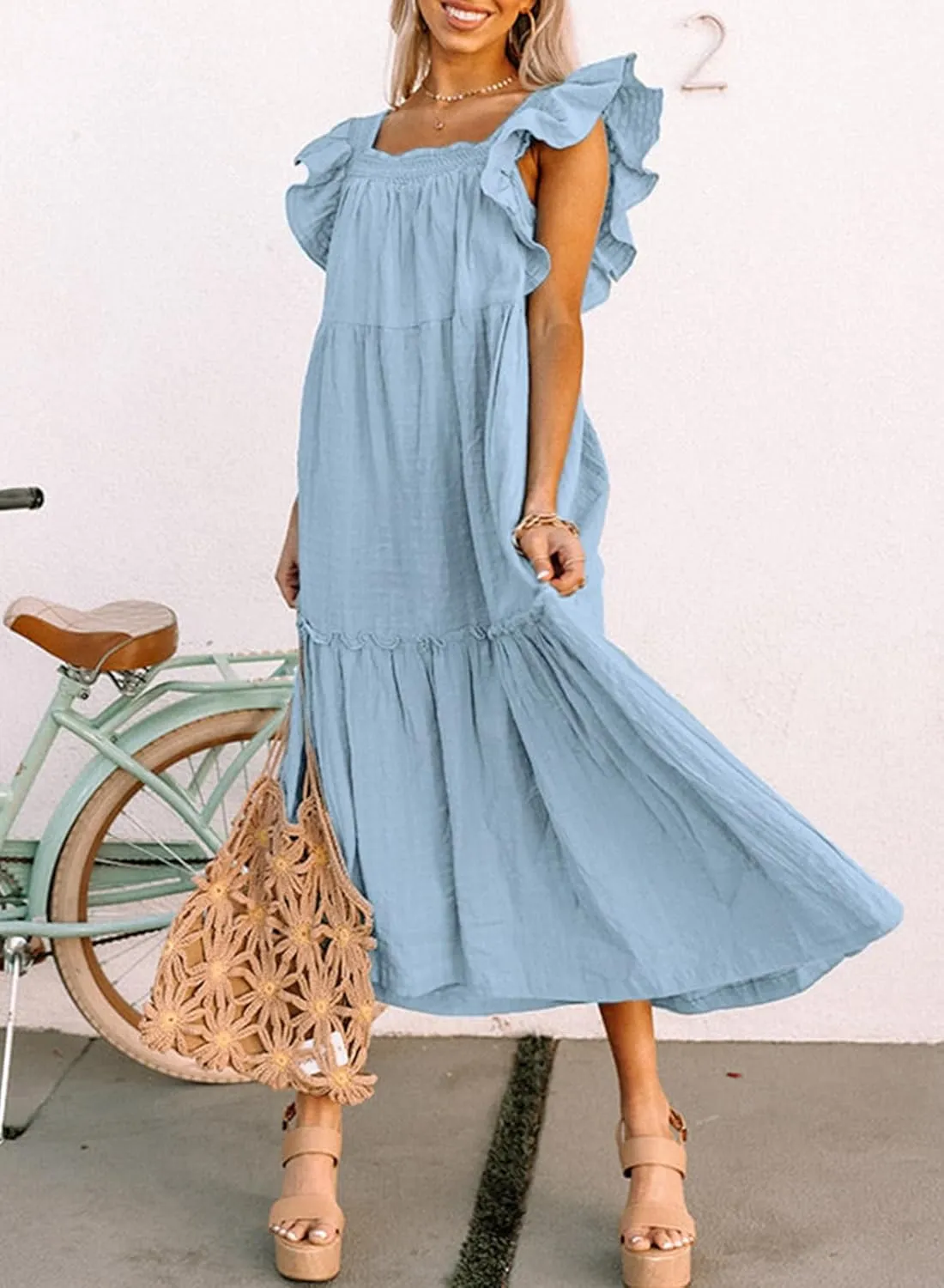 Dokotoo Women's 2025 Spring Summer Square Collar Dress Off Shoulder Style Elegant Ruffle Hemline Skirt Mini Dresses S-XL