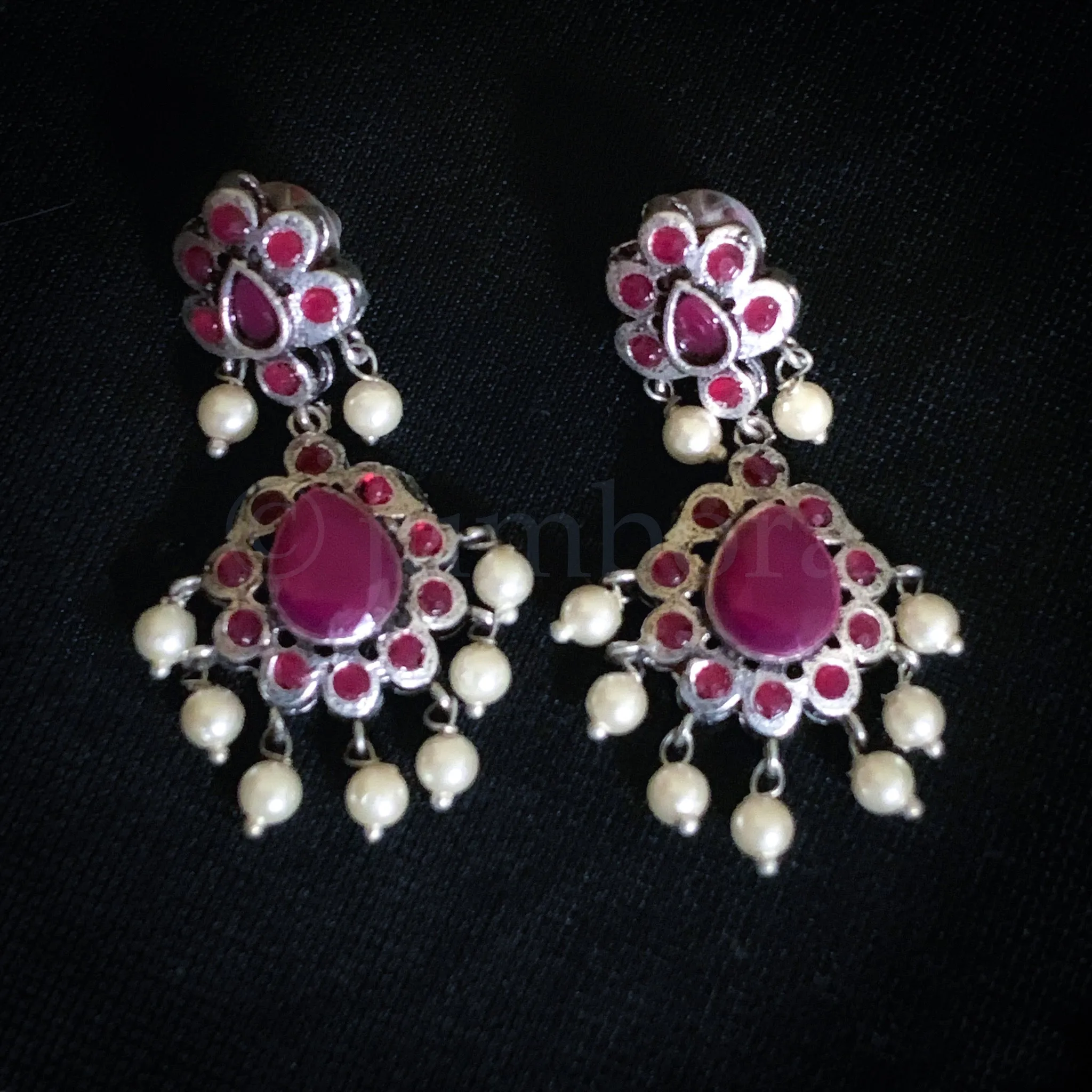 Exquisite Oxidized Silver Necklace Set in Guttapusalu Style in Ruby Red