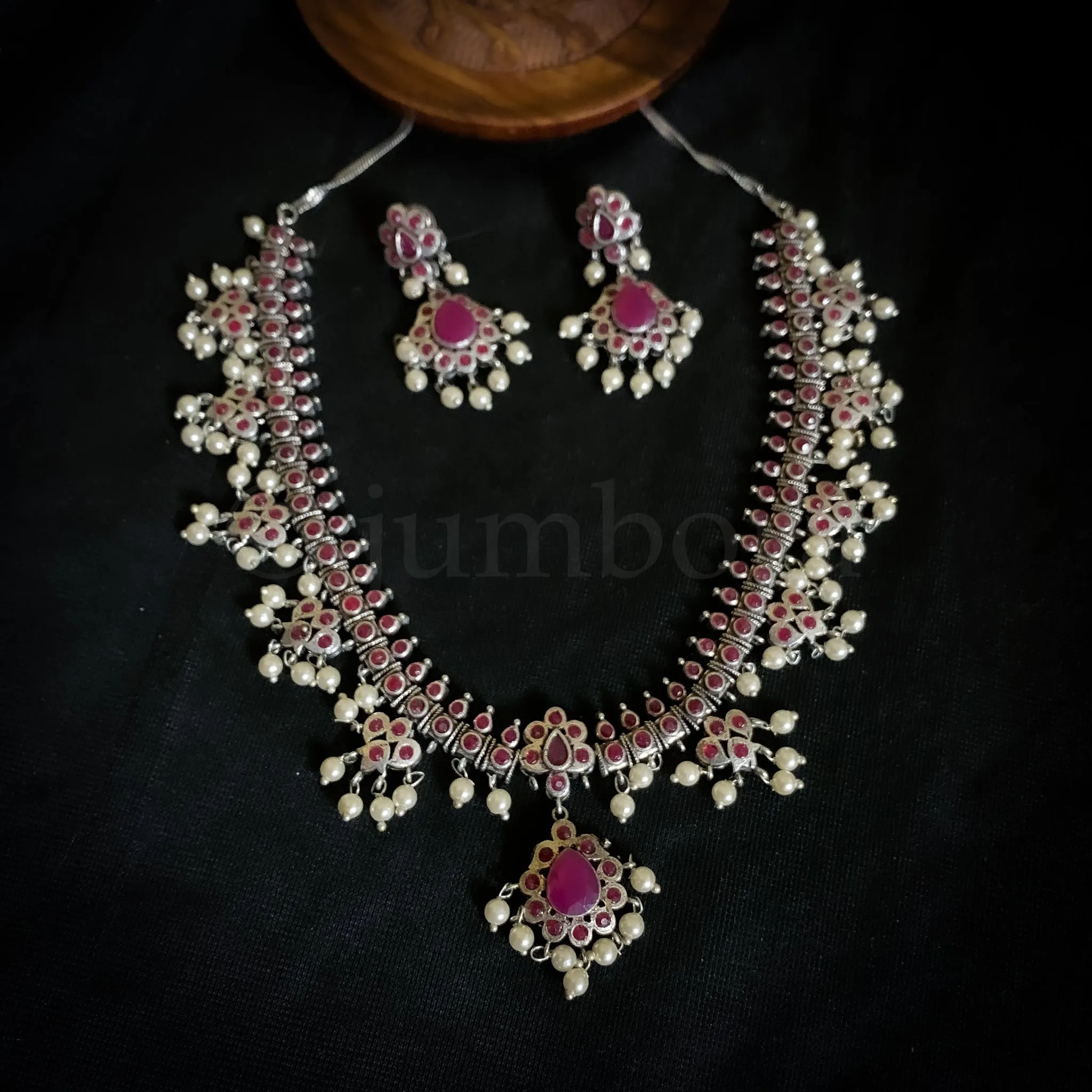 Exquisite Oxidized Silver Necklace Set in Guttapusalu Style in Ruby Red