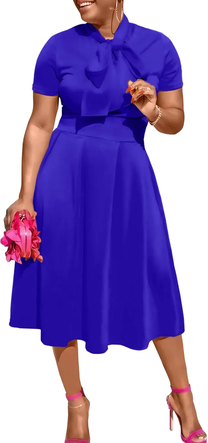 FANDEE Women's Elegant Casual Short Sleeve A-line Semi Formal Fit and Flare Dress Classy Tie Neck Work Party Dresses