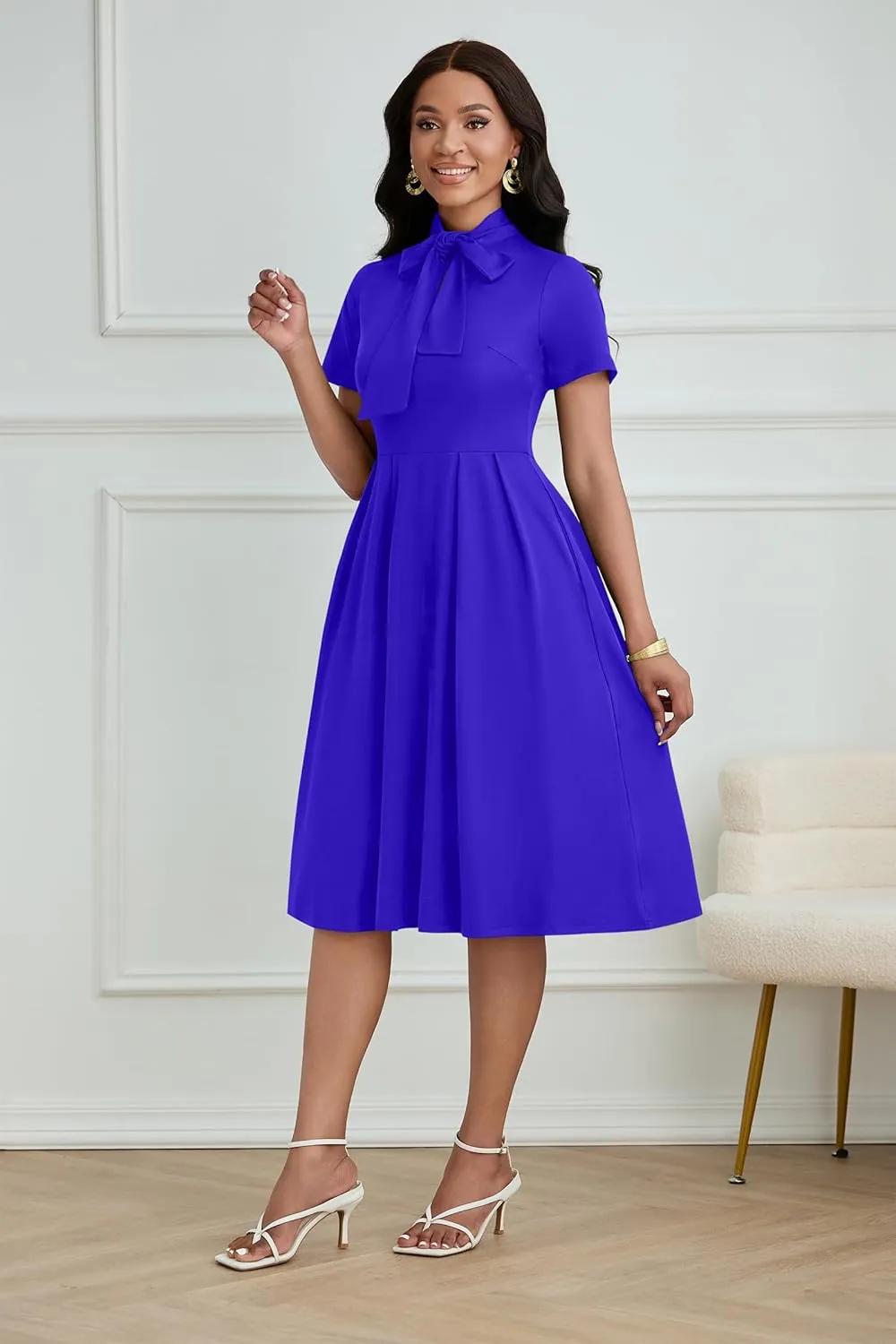 FANDEE Women's Elegant Casual Short Sleeve A-line Semi Formal Fit and Flare Dress Classy Tie Neck Work Party Dresses