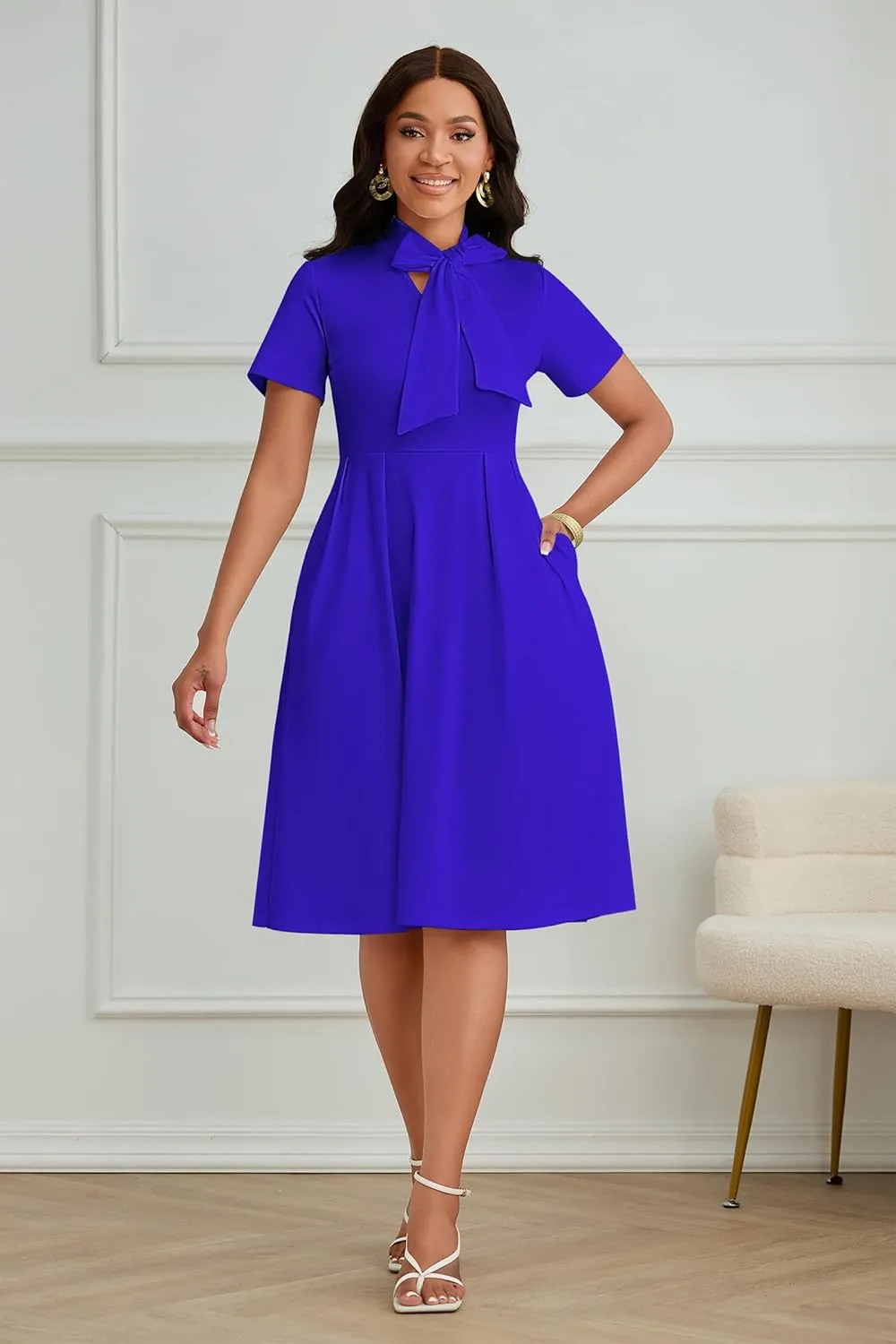 FANDEE Women's Elegant Casual Short Sleeve A-line Semi Formal Fit and Flare Dress Classy Tie Neck Work Party Dresses