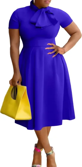 FANDEE Women's Elegant Casual Short Sleeve A-line Semi Formal Fit and Flare Dress Classy Tie Neck Work Party Dresses