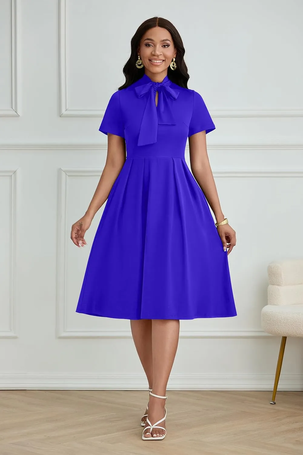 FANDEE Women's Elegant Casual Short Sleeve A-line Semi Formal Fit and Flare Dress Classy Tie Neck Work Party Dresses