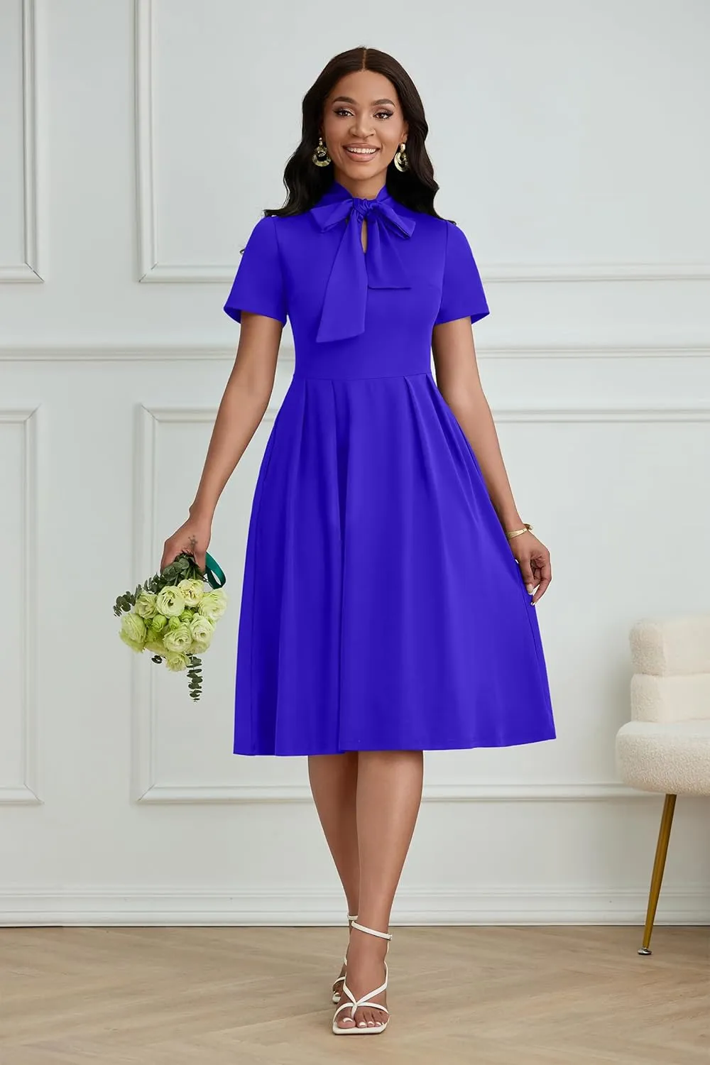 FANDEE Women's Elegant Casual Short Sleeve A-line Semi Formal Fit and Flare Dress Classy Tie Neck Work Party Dresses