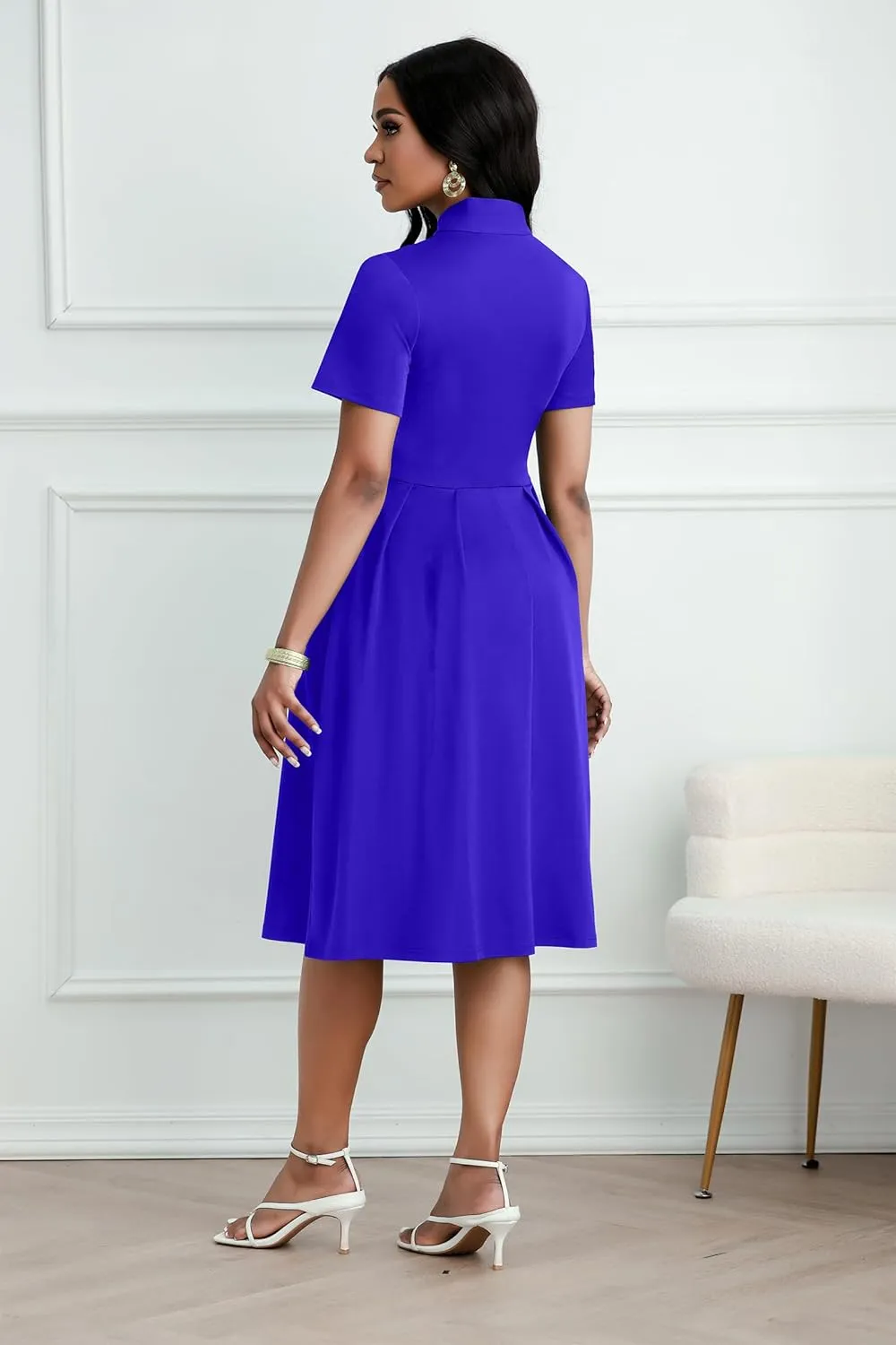 FANDEE Women's Elegant Casual Short Sleeve A-line Semi Formal Fit and Flare Dress Classy Tie Neck Work Party Dresses
