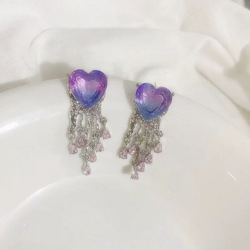 Fashion Dream Romantic Purple Crystal Love Heart Tassel Earrings For Women P