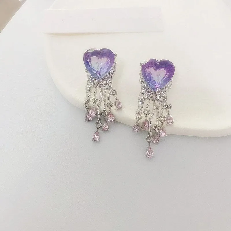 Fashion Dream Romantic Purple Crystal Love Heart Tassel Earrings For Women P