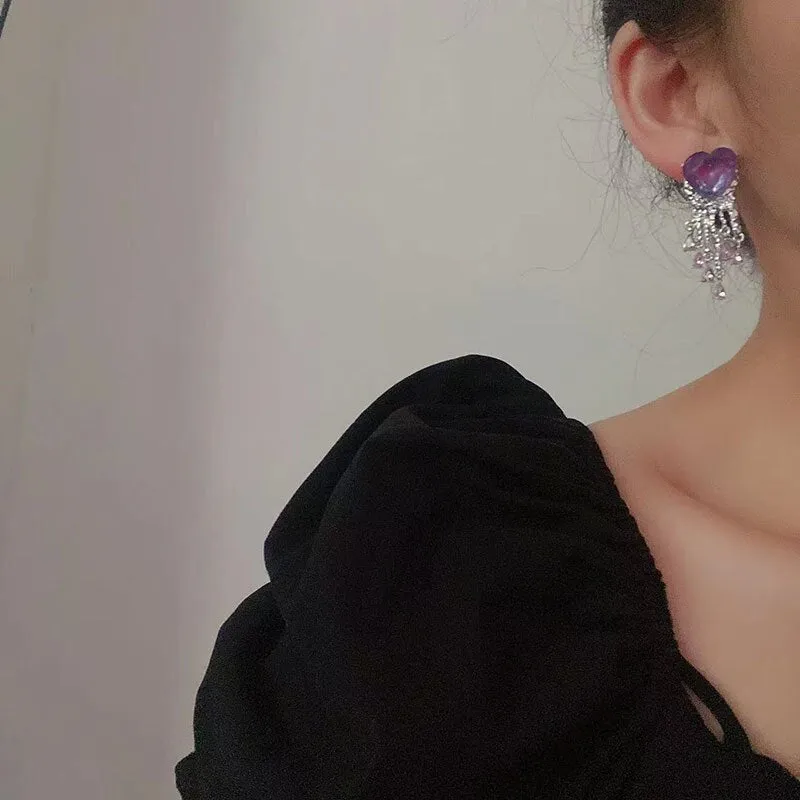 Fashion Dream Romantic Purple Crystal Love Heart Tassel Earrings For Women P