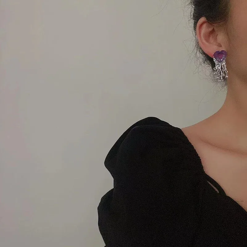 Fashion Dream Romantic Purple Crystal Love Heart Tassel Earrings For Women P