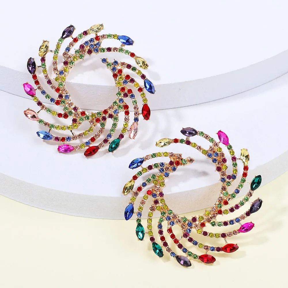 Fashion Geometric Round Metal Multicolor Crystal Big Stud Earrings For Women