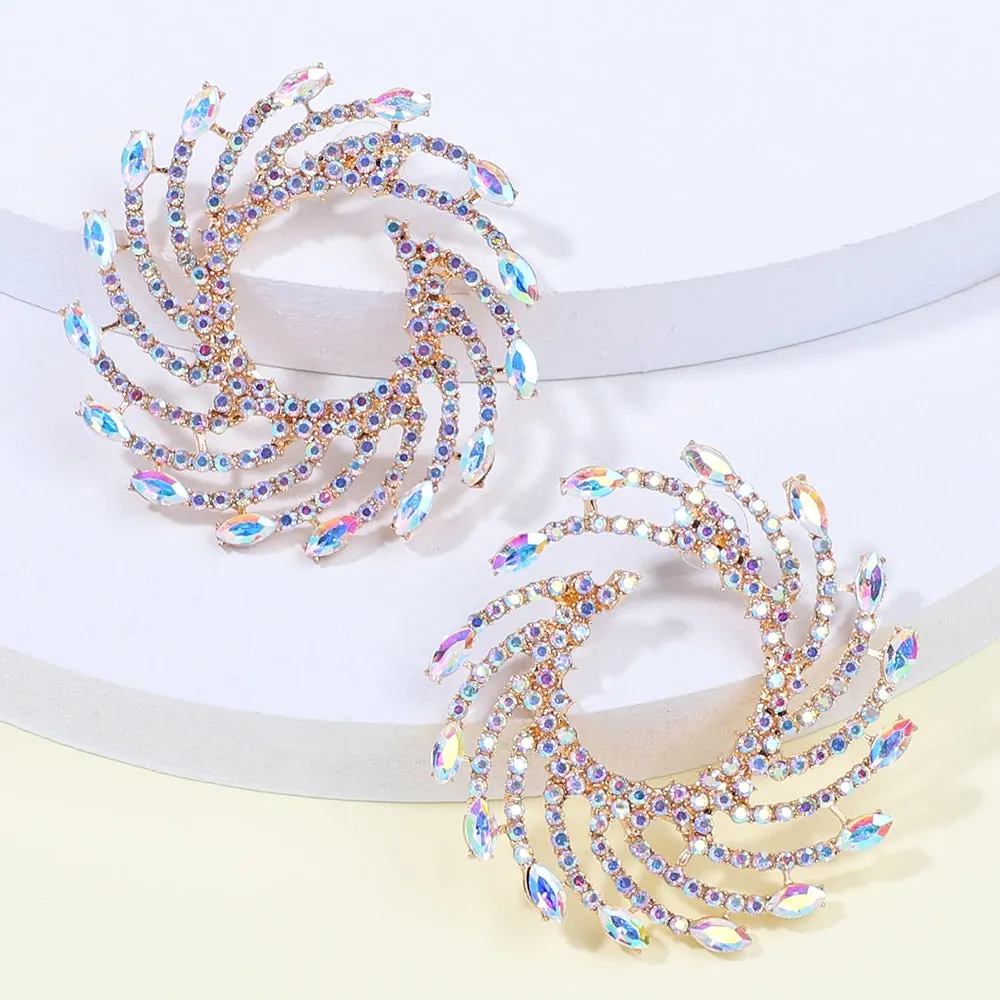 Fashion Geometric Round Metal Multicolor Crystal Big Stud Earrings For Women