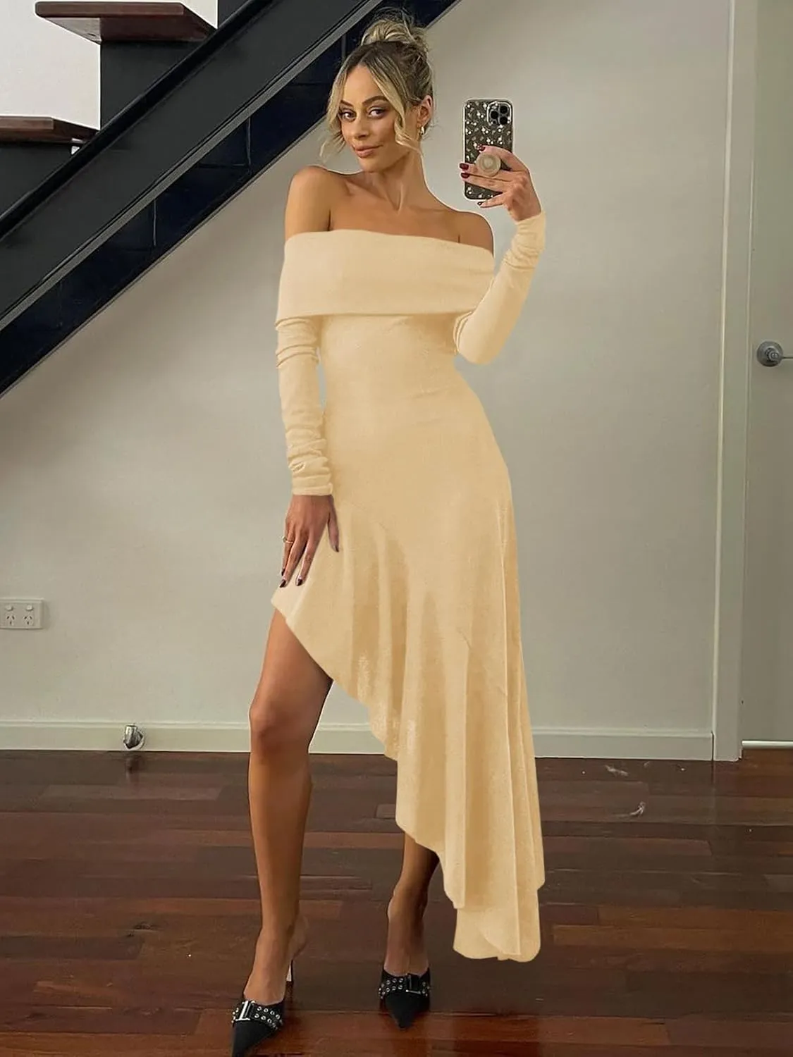 Fisoew Women's Off The Shoulder Long Sleeve Maxi Dress Fall Casual Ruffle Irregular Hem Wedding Guest Dresses