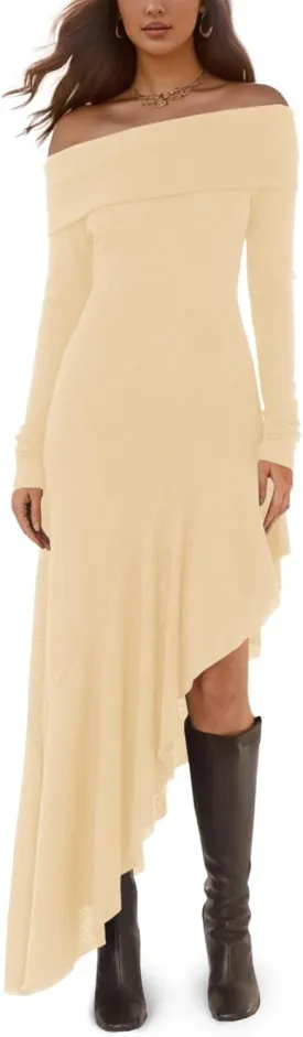 Fisoew Women's Off The Shoulder Long Sleeve Maxi Dress Fall Casual Ruffle Irregular Hem Wedding Guest Dresses