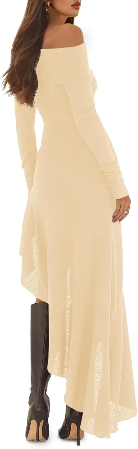 Fisoew Women's Off The Shoulder Long Sleeve Maxi Dress Fall Casual Ruffle Irregular Hem Wedding Guest Dresses