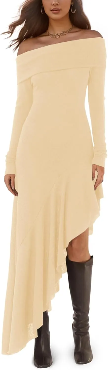 Fisoew Women's Off The Shoulder Long Sleeve Maxi Dress Fall Casual Ruffle Irregular Hem Wedding Guest Dresses