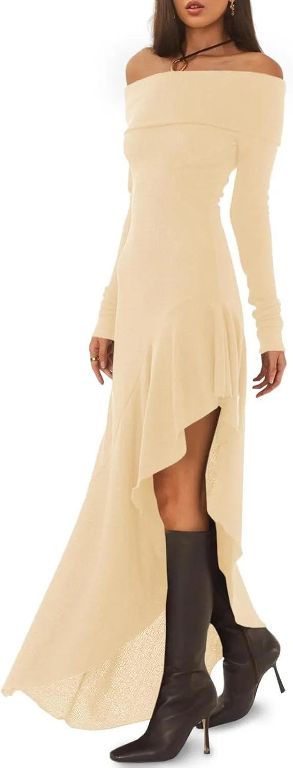 Fisoew Women's Off The Shoulder Long Sleeve Maxi Dress Fall Casual Ruffle Irregular Hem Wedding Guest Dresses