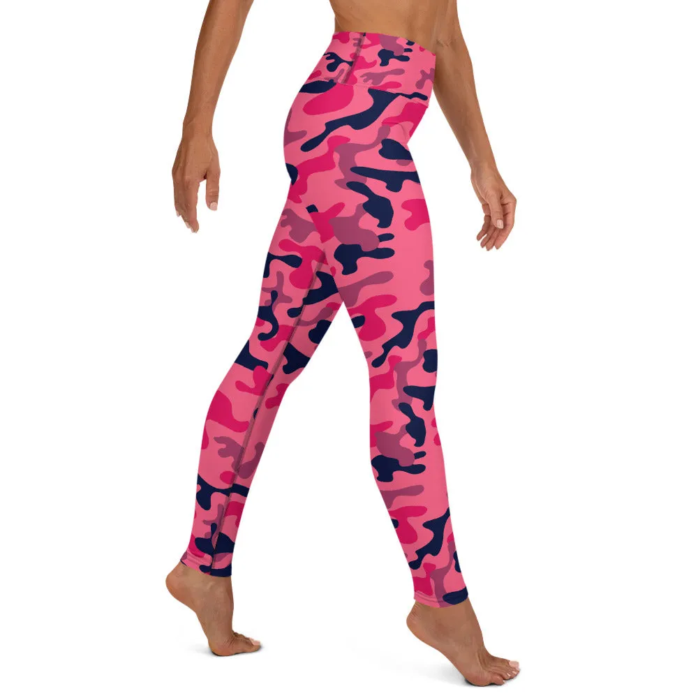 Fuchsia Pink Camouflage Workout Pants, Yoga Leggings For Women Camo High Rise Waist Tights Printed Cute Graphic Gym Activewear