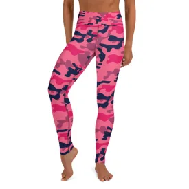 Fuchsia Pink Camouflage Workout Pants, Yoga Leggings For Women Camo High Rise Waist Tights Printed Cute Graphic Gym Activewear