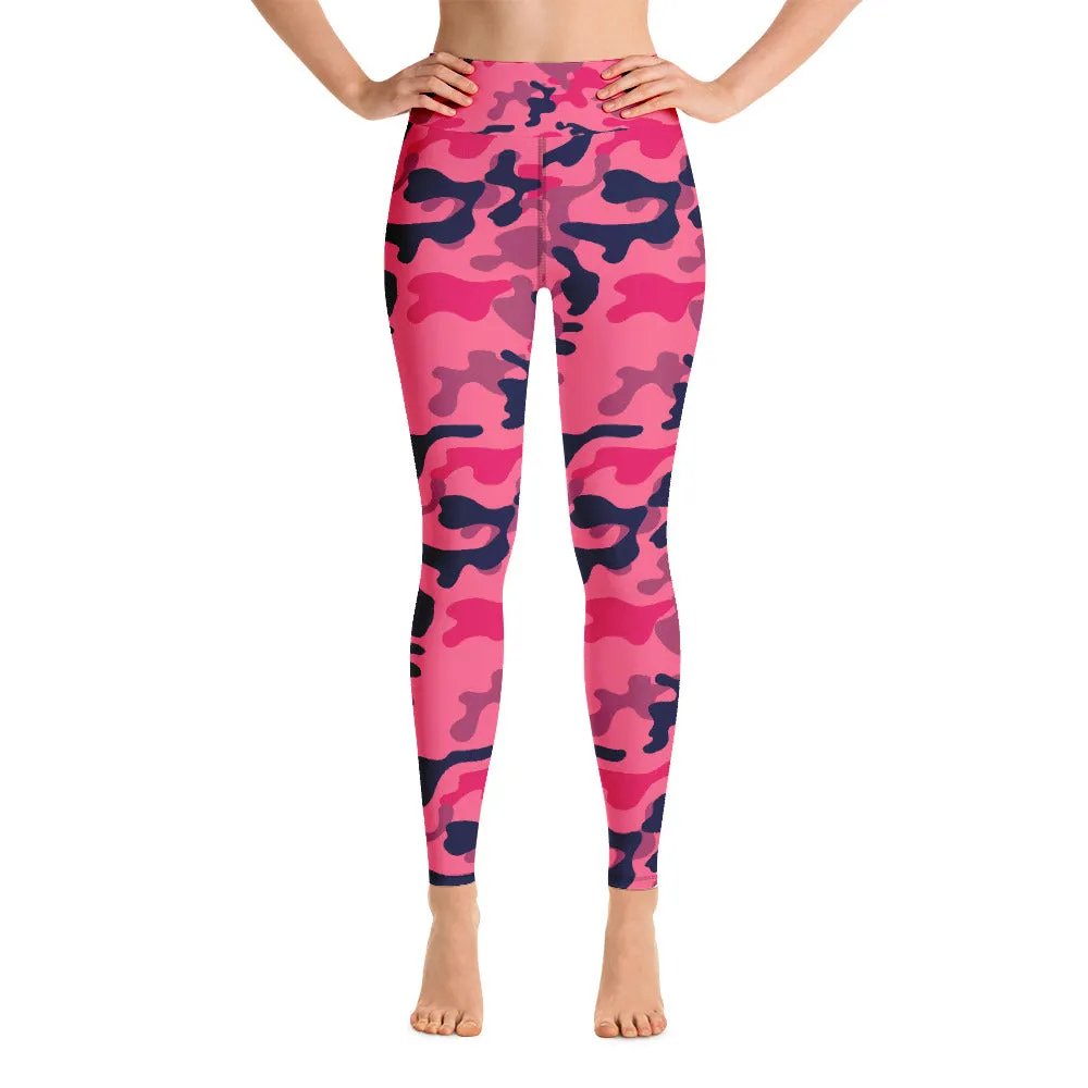 Fuchsia Pink Camouflage Workout Pants, Yoga Leggings For Women Camo High Rise Waist Tights Printed Cute Graphic Gym Activewear