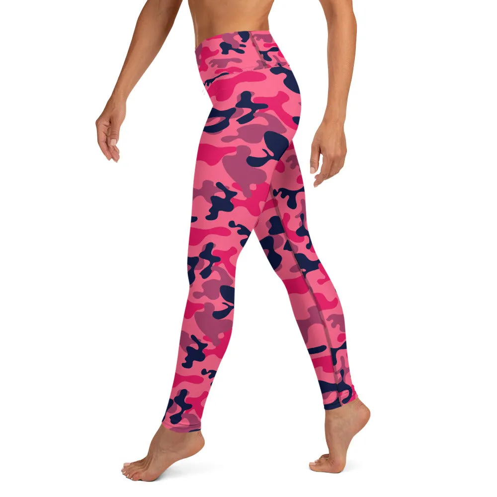 Fuchsia Pink Camouflage Workout Pants, Yoga Leggings For Women Camo High Rise Waist Tights Printed Cute Graphic Gym Activewear