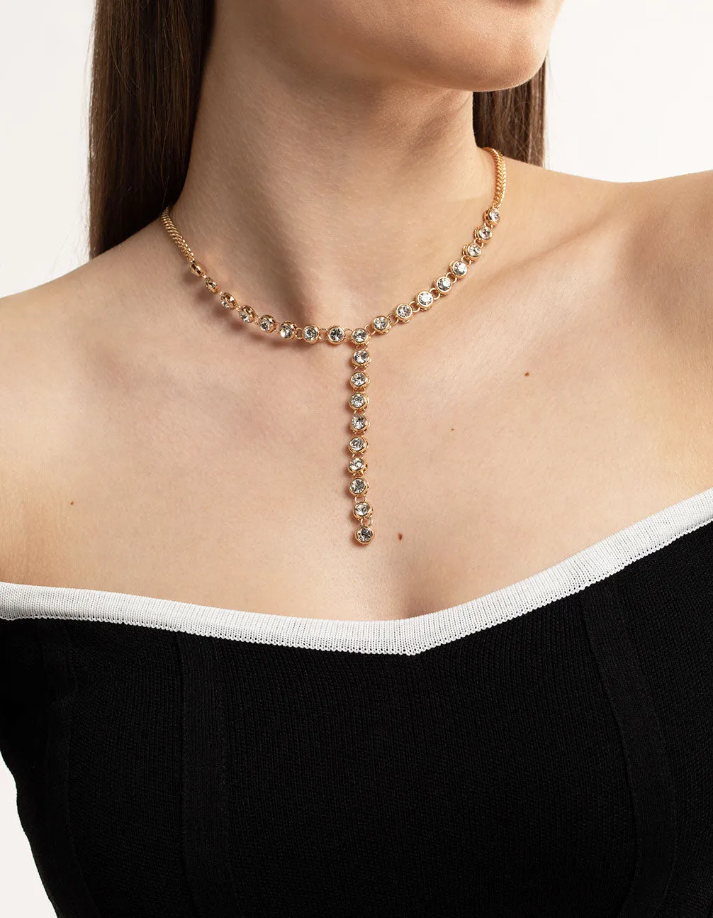 Gold Circle Diamante Chain Y-Necklace