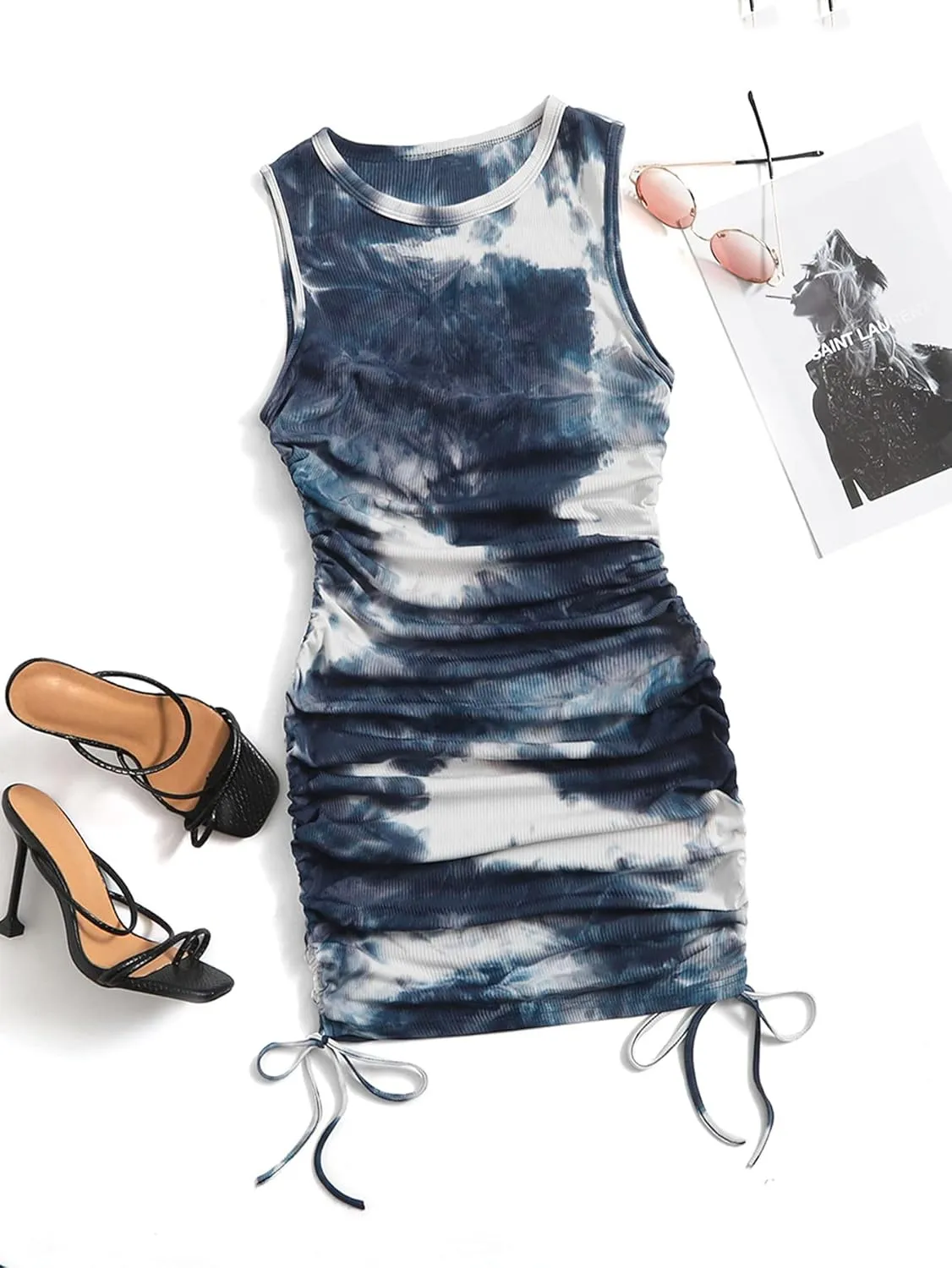 GORGLITTER Summer Dresses for Women 2024 Ruched Bodycon Dress Tie Dye Mini Dress Ribbed Knit Sleeveless Short Dresses