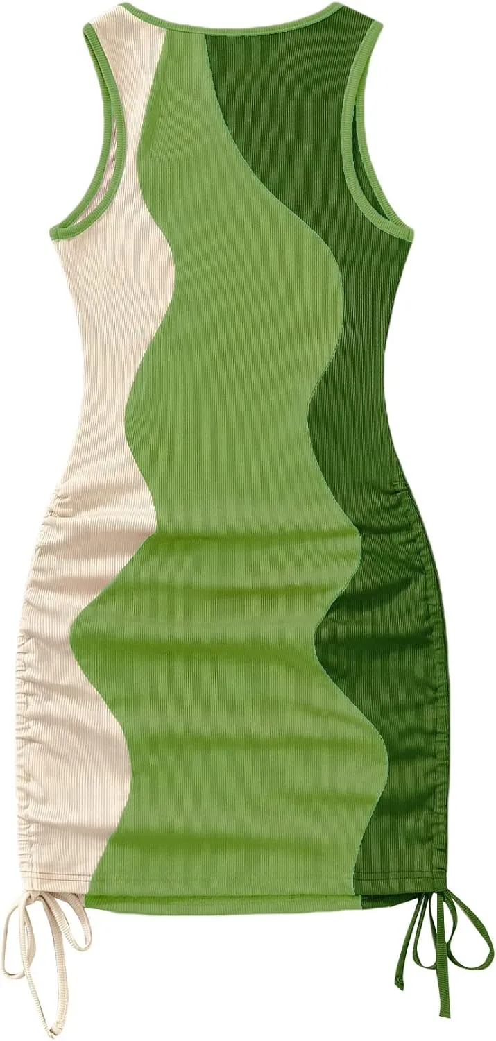 GORGLITTER Summer Dresses for Women 2024 Ruched Bodycon Dress Tie Dye Mini Dress Ribbed Knit Sleeveless Short Dresses