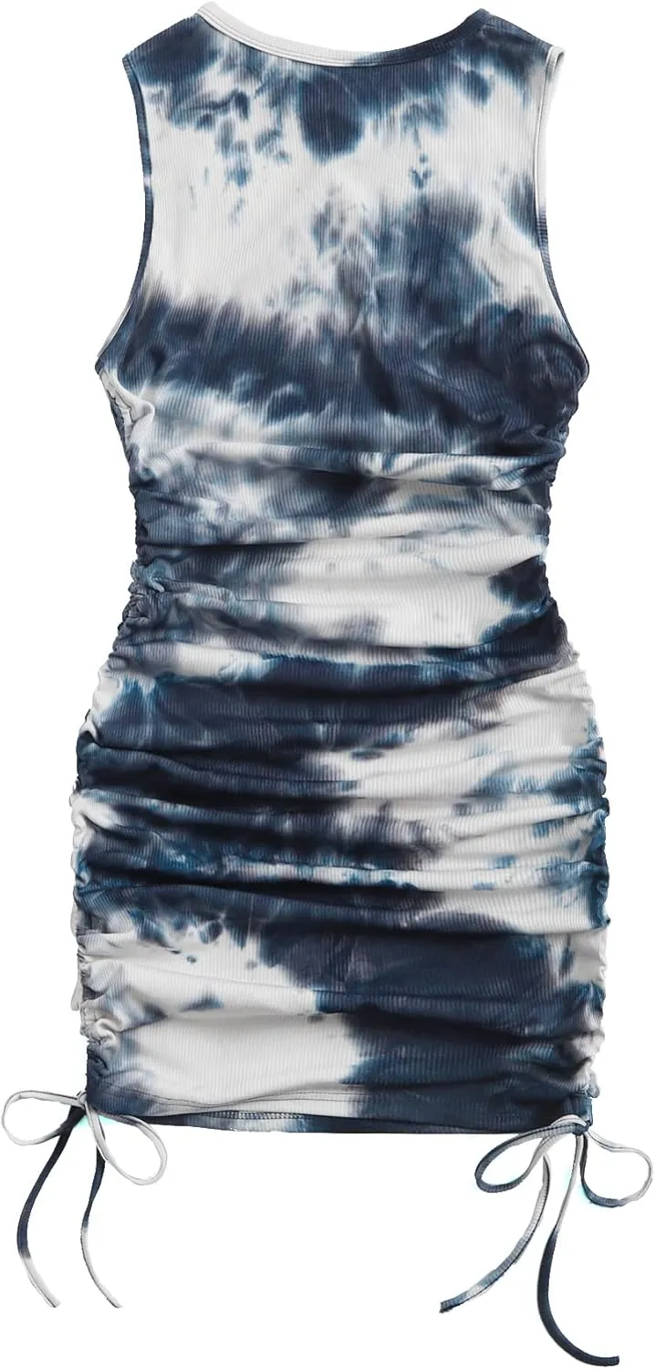 GORGLITTER Summer Dresses for Women 2024 Ruched Bodycon Dress Tie Dye Mini Dress Ribbed Knit Sleeveless Short Dresses